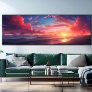 May include: A panoramic landscape painting depicting a vibrant sunset over a calm ocean. The sky is filled with dramatic clouds in shades of pink, orange, and purple, with a sliver of a crescent moon visible in the top left corner. The ocean is a deep blue, with waves gently lapping at the shore. The beach is a sandy expanse, stretching out to the horizon.