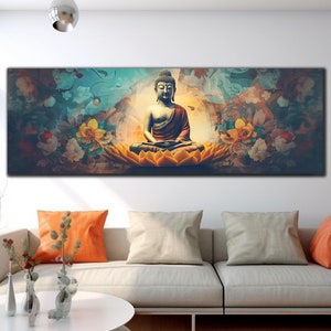Arte de parede com Buda, Arte de parede indiana, Arte de parede panorâmica, Arte de parede em vidro temperado, Impressão em vidro, Arte de parede hindu, Impressão em vitral, Impressão de Buda