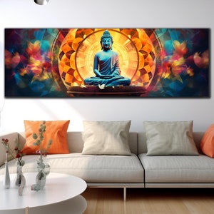 Arte de parede com Buda, Arte de parede indiana, Arte de parede panorâmica, Arte de parede em vidro temperado, Impressão em vidro, Arte de parede hindu, Impressão em vitral, Impressão de Buda