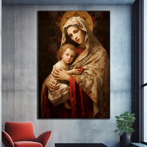 May include: A painting of the Virgin Mary holding a baby Jesus. The painting is done in a traditional style with a warm color palette. The Virgin Mary is wearing a flowing robe with floral patterns and a red shawl. The baby Jesus is wearing a white robe and is looking up at the Virgin Mary.