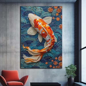 Koi Fish Wall Art, Arte murale in vetro temperato, Stampa su vetro, Decorazione murale in vetro con Koi Fish, Grande arte murale in vetro, Arte murale con animali, Koi giapponese