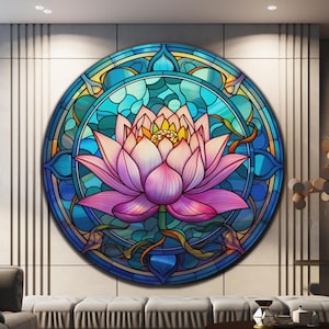 Blue Lotus Flower Wall Art,Mosaic Art Print,Lotus Flower Print,Tempered Glass Wall Art, Meditation Mom Gift,Round Glass Art,Circle Glass Art