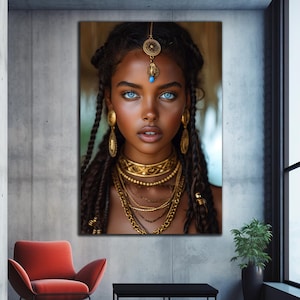 May include: A portrait of a woman with dark brown braided hair, wearing a gold headpiece and multiple gold necklaces. She has blue eyes and dark brown skin.