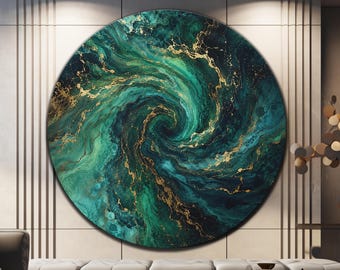 Emerald Green Gold Vortex, Tempered Glass Wall Art, Round Painting, Abstract Glass Wall Art,Large Glass Wall Art, Luxury Glass Wall Art