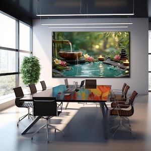 May include: A canvas print showing a tranquil zen garden with a small pond, bamboo fountain, and candles. The artwork is displayed in a modern office setting with a black conference table and chairs, and large windows.
