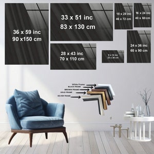 May include: Various framed art prints in different sizes, including 36 x 59 inches (90 x 150 cm), 33 x 51 inches (83 x 130 cm), and 28 x 43 inches (70 x 110 cm). The image also shows frame color options: white, black, brown, gold, and silver.