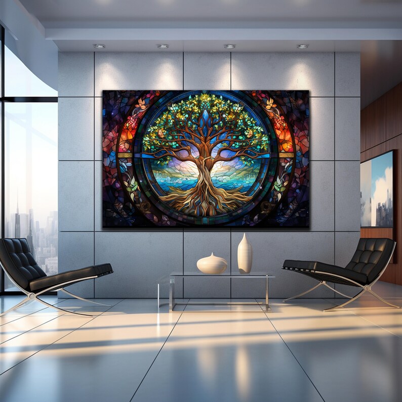 May include: A stained glass style artwork depicting a tree of life with colourful leaves and roots. The tree is surrounded by a circle of stained glass with flowers and other designs. The artwork is framed and hanging on a wall in a modern office setting.