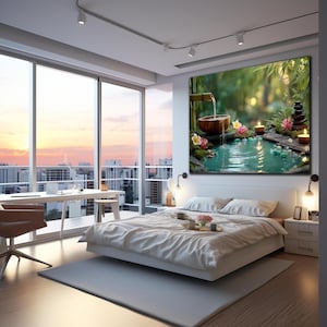 May include: A contemporary bedroom with a large window offering city views at dusk. The room includes a white bed, a grey rug, and a large artwork showing a zen garden with a water feature, candles, and flowers.