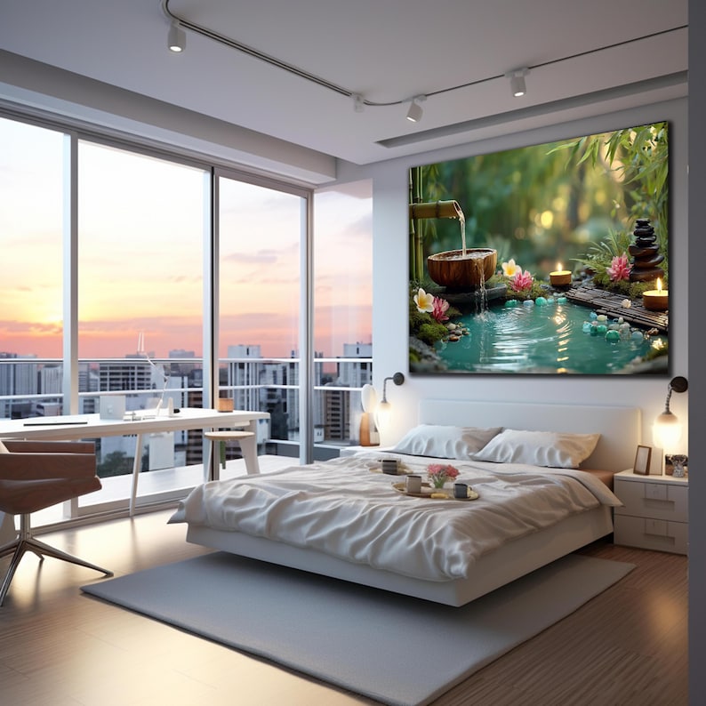 May include: A contemporary bedroom with a large window offering city views at dusk. The room includes a white bed, a grey rug, and a large artwork showing a zen garden with a water feature, candles, and flowers.