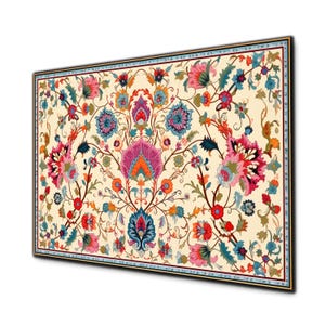 May include: A framed floral print featuring a cream-colored background with a vibrant pattern of pink, blue, orange, and purple flowers and leaves. The artwork has a dark brown frame with a thin blue border.