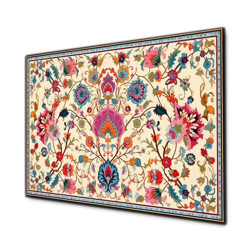 May include: A framed floral print featuring a cream-colored background with a vibrant pattern of pink, blue, orange, and purple flowers and leaves. The artwork has a dark brown frame with a thin blue border.
