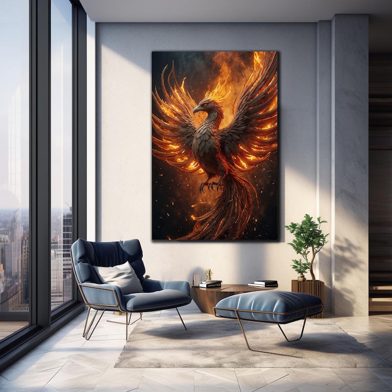 May include: A fiery phoenix with orange and yellow flames rising from its wings and tail. The phoenix is set against a dark background with a few sparks of fire.