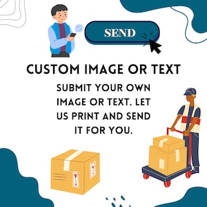 May include: An illustration promoting custom printing services. The image features a person using a phone, a button that says "SEND", and a person pushing a cart with boxes. Text reads: "CUSTOM IMAGE OR TEXT. SUBMIT YOUR OWN IMAGE OR TEXT. LET US PRINT AND SEND IT FOR YOU."