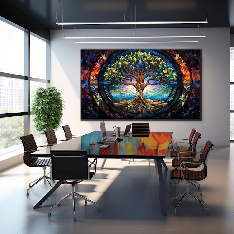 May include: A stained glass style artwork depicting a tree of life with colourful leaves and roots. The tree is surrounded by a circular frame with a blue sky and water scene in the background.