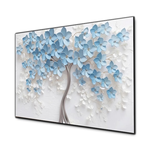 Blue Tree Wall Art,Tempered Glass Wall Art, Glass Printing, Glass Large Wall Art, Wall Hangings, Stained Glass Print, Gold Tree Wall Art