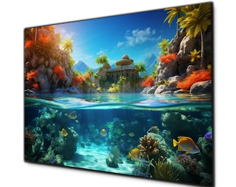 May include: A digital painting of a tropical island with a golden dome building in the background. The water is clear and blue, and there are colorful fish swimming in the water. The island is lush and green, with palm trees and other tropical plants.