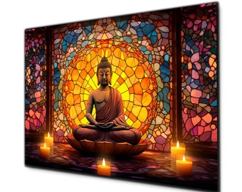 Arte mural de vidrio templado, arte mural de Buda, decoración mural de Buda, pintura mural de Buda, impresión en vidrio, arte mural grande, arte mural indio, arte mural hindú