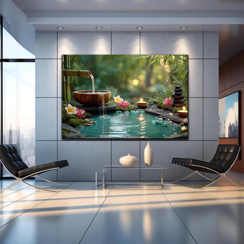 May include: A large canvas print showing an indoor water feature. A wooden bowl with water flowing into a small pool with flowers, candles, and stones. The artwork is displayed in a modern living room with black chairs and a glass table.