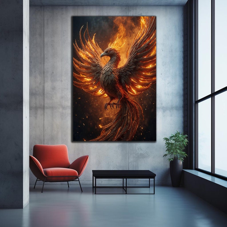 May include: A fiery phoenix with orange and yellow flames rising from its wings and tail. The phoenix is set against a dark background with sparks flying around it.