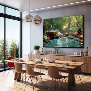 May include: A dining room featuring a large wooden table and six chairs. A large painting of a zen garden with a water feature hangs on the wall. The painting depicts a small pond, bamboo, and candles. The room has large windows and pendant lights.