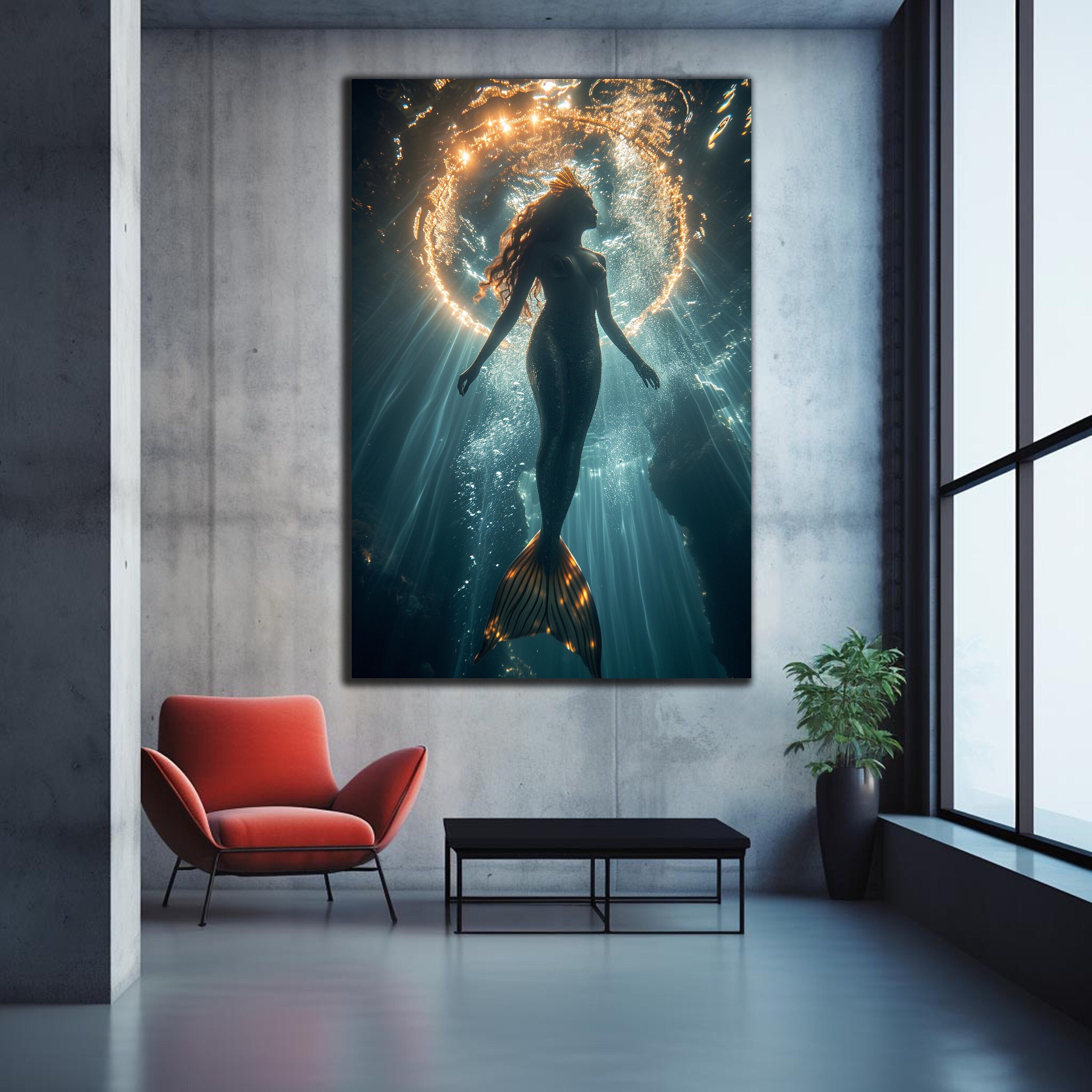 Tempered Glass Wall Art,Mermaid Wall Art,  Glass Printing, Mermaid Wall Hangings, Mermaid Framed Art, Mermaid in Water, Glass Large Wall Art
