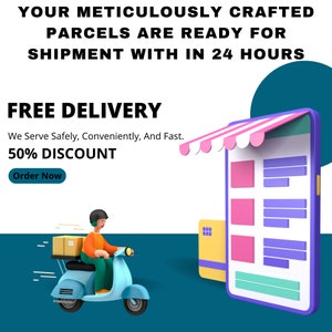 May include: An illustration promoting online shopping and delivery services. The image features a scooter with a delivery person, a smartphone with a striped awning, and text that reads "FREE DELIVERY" and "50% DISCOUNT".