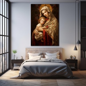May include: A painting of the Virgin Mary holding a baby Jesus. The painting is in a traditional style with a gold halo around the Virgin Mary's head. The Virgin Mary is wearing a white and gold robe with a red sash. The baby Jesus is wearing a white robe and is holding a red apple.