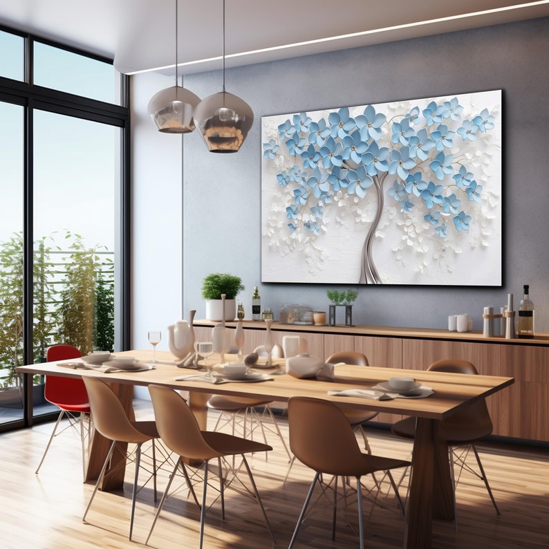 May include: A dining room with a wooden table and chairs, featuring a large wall art piece depicting a blue and white 3D floral design.