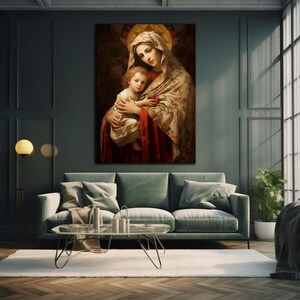 May include: A painting of the Virgin Mary holding a baby Jesus. The painting is in a realistic style and features a warm color palette. The Virgin Mary is wearing a flowing robe with floral patterns and a red sash. The baby Jesus is wearing a white robe and is looking up at the Virgin Mary.