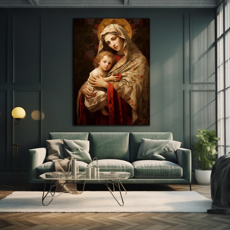 May include: A painting of the Virgin Mary holding a baby Jesus. The painting is in a realistic style and features a warm color palette. The Virgin Mary is wearing a flowing robe with floral patterns and a red sash. The baby Jesus is wearing a white robe and is looking up at the Virgin Mary.
