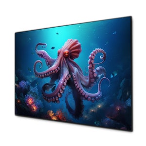 May include: A large, pink octopus with many tentacles swims in a blue ocean. The octopus has large, dark eyes and is surrounded by coral and fish.