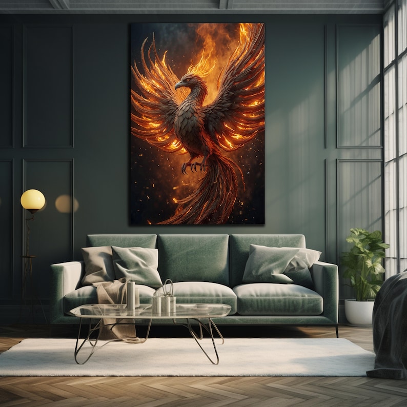 May include: A fiery phoenix with orange and yellow flames rising from its wings and tail. The phoenix is set against a dark background with sparks of light.