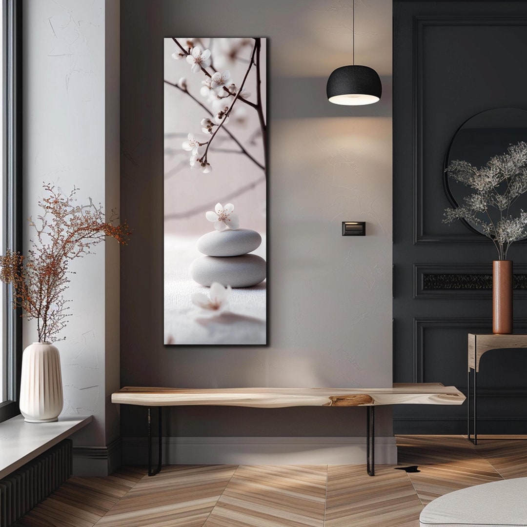 Flower Zen Stone Wall Art, Tempered Glass Wall Art, Tall Narrow Wall ...