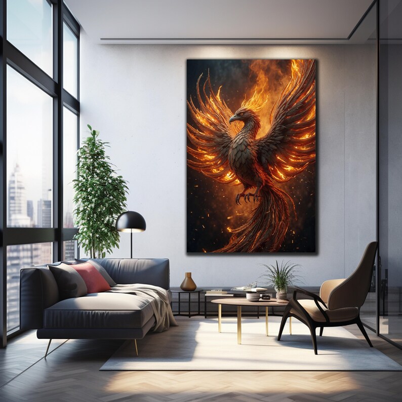May include: A fiery phoenix with orange and yellow flames rising from its wings and tail. The phoenix is set against a dark background.
