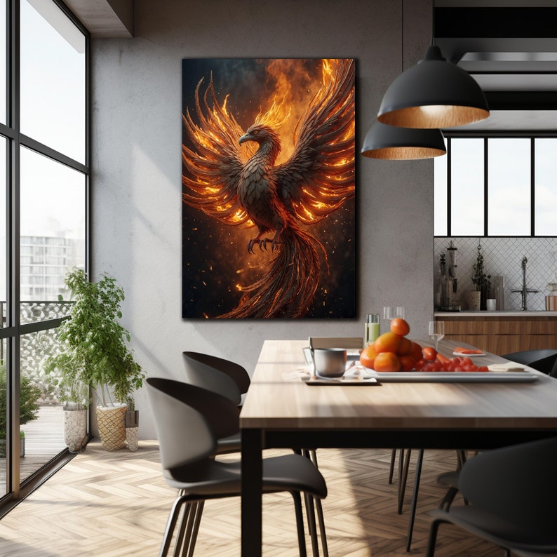 May include: A fiery orange and yellow phoenix bird with outstretched wings against a dark background. The bird is depicted in a realistic style with intricate details.