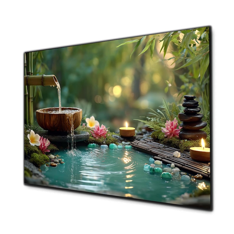May include: A tranquil zen garden scene featuring a water feature. A bamboo spout pours water into a wooden bowl, forming a small pond. Pink and white flowers, candles, and a stack of stones enhance the peaceful atmosphere. The background is blurred with green foliage.