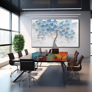 May include: A modern office meeting room with a large abstract painting of a blue and white tree with flowers on the wall. The room has a glass table with black chairs and a potted plant in the corner.