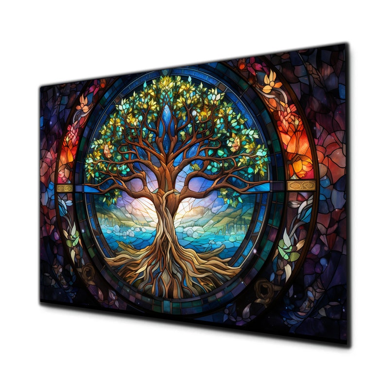 May include: A stained glass window featuring a tree of life with colourful leaves and roots. The tree is encircled by a circular frame with a blue and green background. The window is constructed from numerous small pieces of glass, creating a mosaic effect.