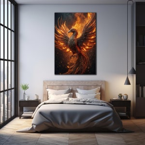 May include: A fiery phoenix with orange and yellow flames rising from its wings, set against a dark background.