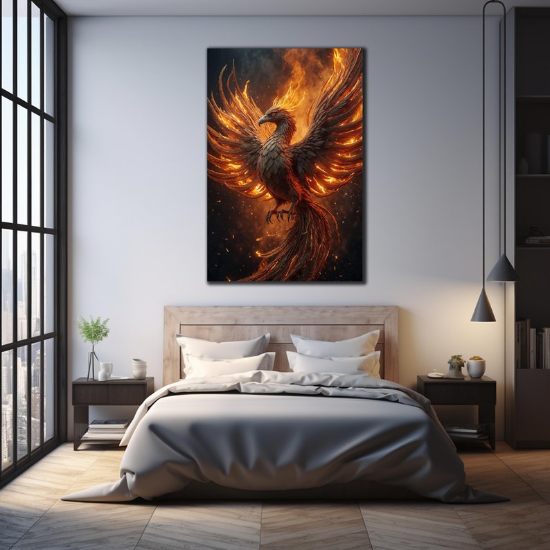 May include: A fiery phoenix with orange and yellow flames rising from its wings, set against a dark background.