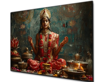 Arte mural de Lakshmi, arte mural de la diosa hindú, arte mural de vidrio templado, impresión en vidrio, arte mural de vidrio grande, decoración mural de Lakshmi, arte mural de la diosa