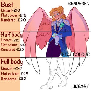 Puede incluir: Una ilustración digital de un personaje con grandes alas rosas, vistiendo un abrigo azul y botas blancas. La imagen incluye etiquetas de texto para Bust, Half body y Full body, junto con precios en libras para los estilos Lineart, Flat colour y Rendered.