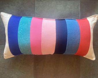 NEW Beachy stripe vintage style striped pillow about 9"X20" with natural canvas denim and felts