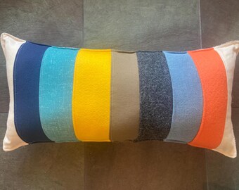 NEW California Beachy stripe vintage style striped pillow about 9"X20" with natural canvas denim and felts