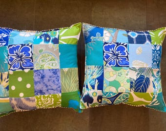 Tropical Hibiscus Surf Patch Pillow in blue and green colors and prints about 16"x16" with blue cream ticking back