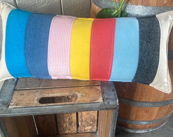 NEW Beachy stripe vintage style striped pillow about 9"X20" with natural canvas denim and felts