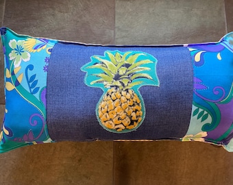 Pineapple beach house tropical pillow about 10"X 20" blue yellow green purple with  tan ticking stripe back