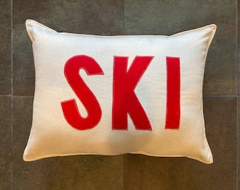 Ski chalet alpine pillow about 12"X 16" with red felt and natural fabric skiing