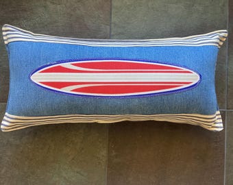 New SURFBOARD accent pillow on denim and blue ticking striped back long pillow about 8" x 20" california surf safari style