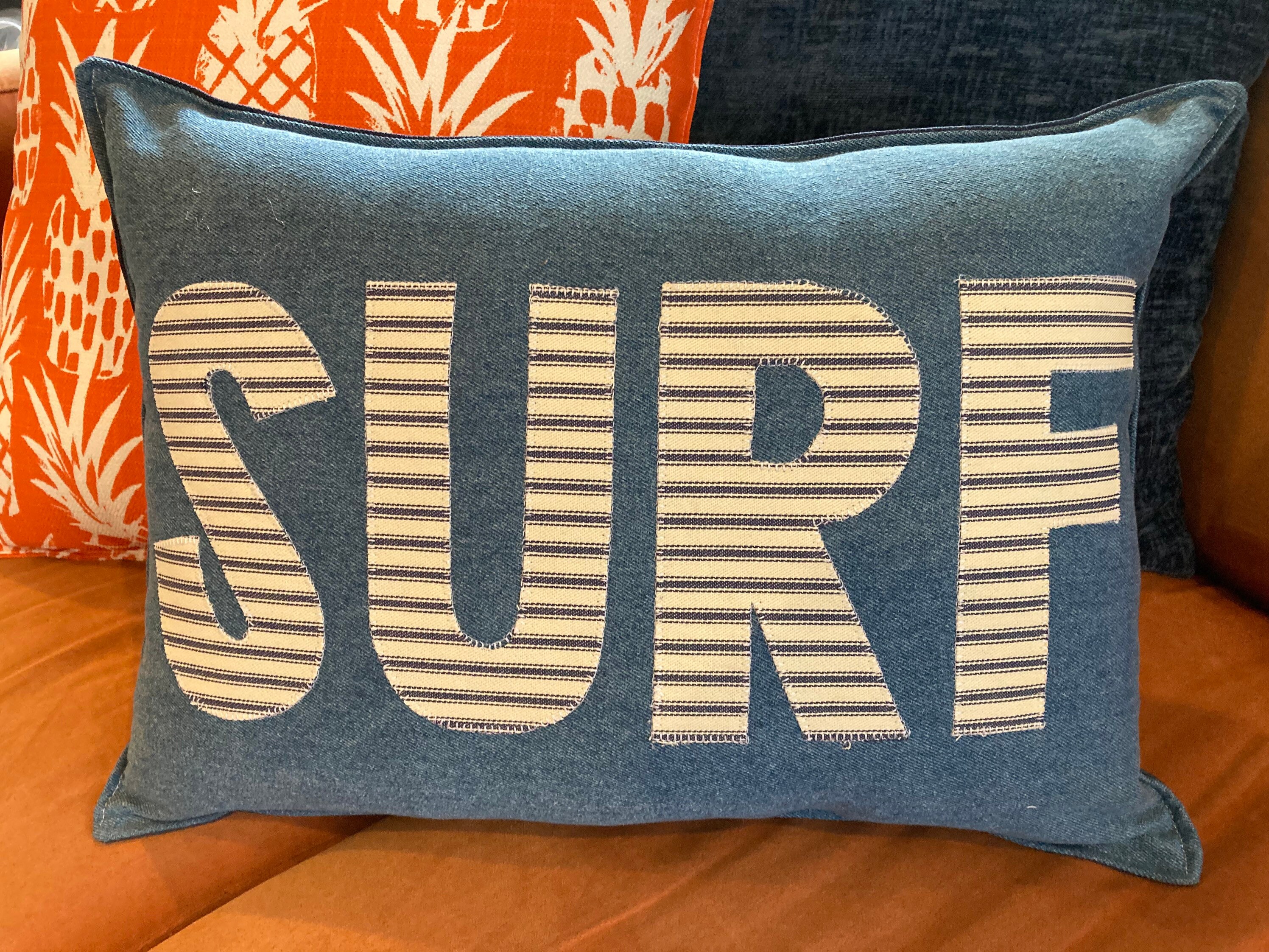 SURF Accent Pillow With Blue Denim About 12 X 16 California Surf